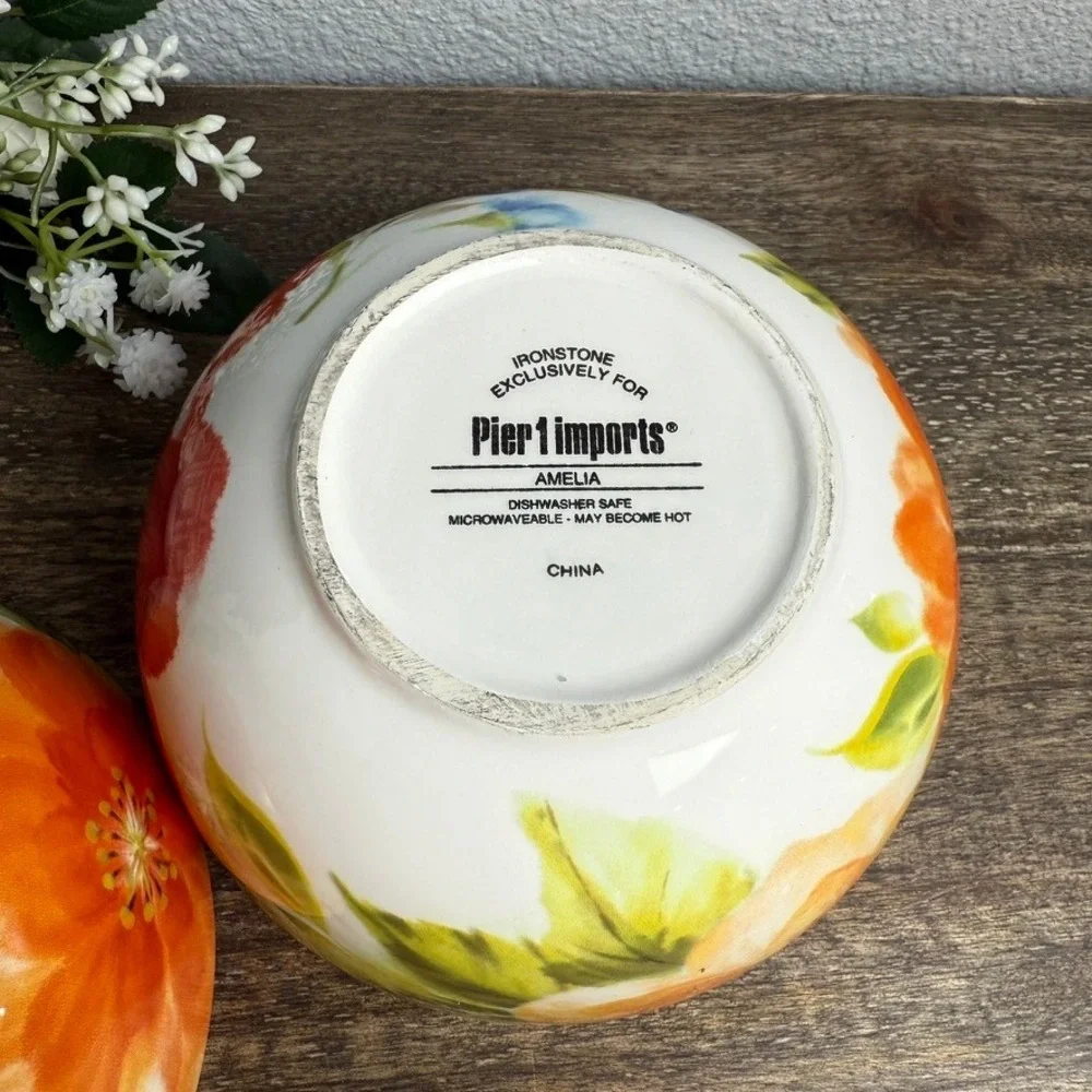 Pier 1 Amelia Floral Ironstone Bowls Set of 2 Colorful Cottage Kitchen 6